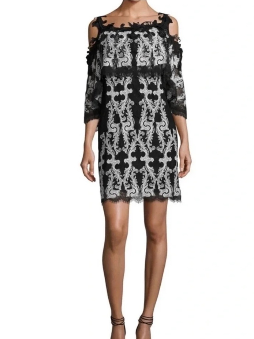 Kobi Halperin Black and White Cold-Shoulder Lace Shift Dress Sz 8